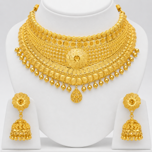 Rajsi Floral Heritage Gold Choker Necklace Set with Jhumka Earrings