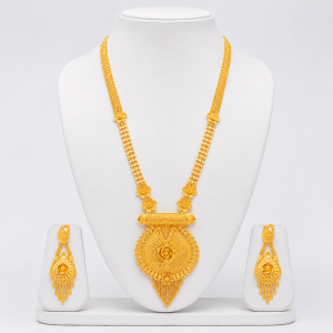 Rajsi Floral Long Haar Gold Necklace Set with Matching Earrings