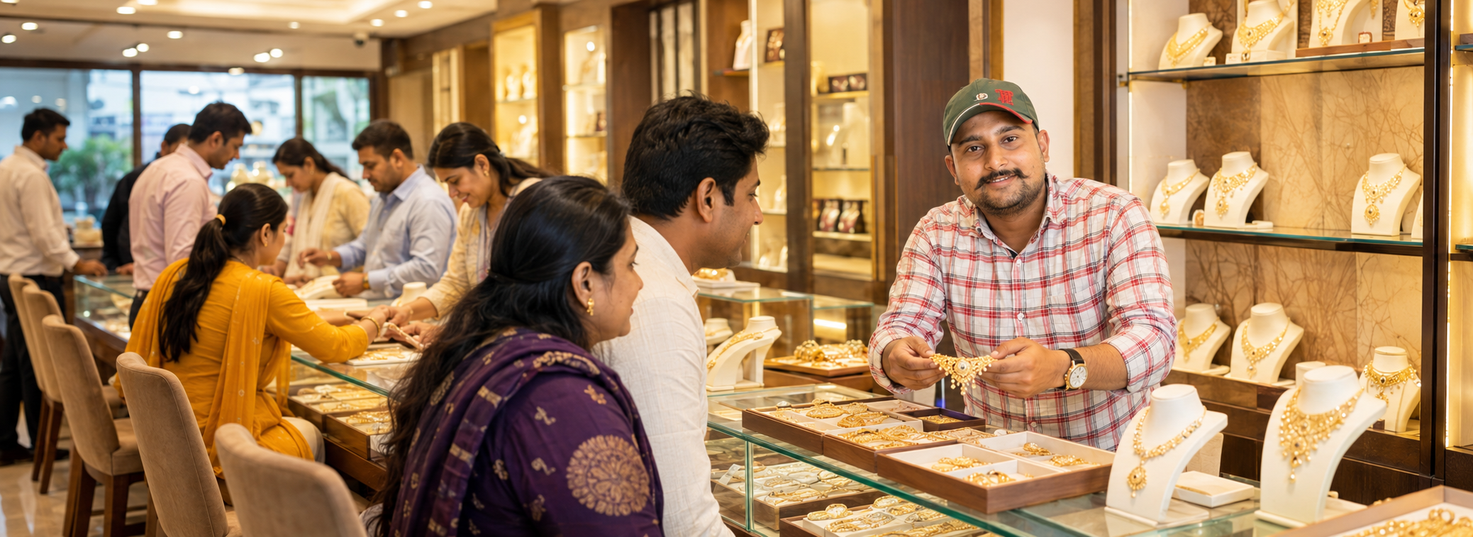Mahalaxmi Jewellers owner personally assisting valued customers with gold and silver jewellery selection inside the showroom